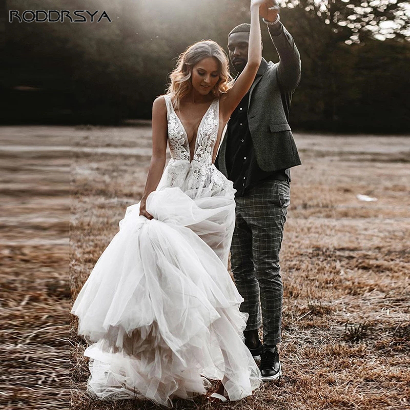 Illusion Tulle Lace Wedding Dress For Women Sexy V-Neck Bridal Party Gowns Beach Bride Vestidos De Noiva Mariage Customized - Image 4