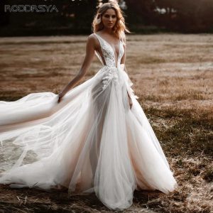 Illusion Tulle Lace Wedding Dress For Women Sexy V-Neck Bridal Party Gowns Beach Bride Vestidos De Noiva Mariage Customized